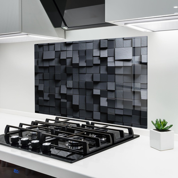 ARTHUB, Konyhai üveg hátfal 60x80 cm, 4 mm edzett, Védő gáz­tűzhely, Fröccsenésgátló, Hőálló, absztrakt, geometrikus, Black Square Pattern