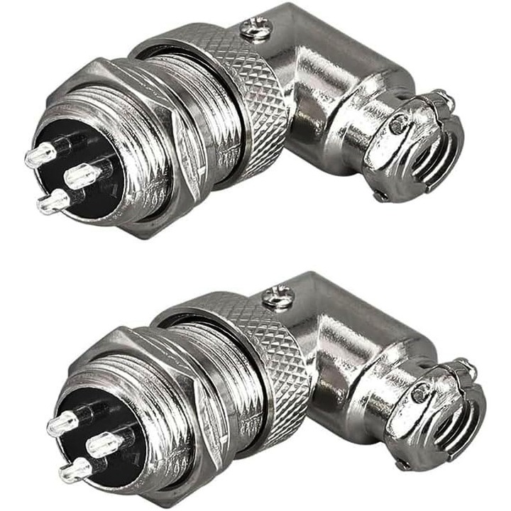 Set 2 Seturi GX16 Conector Aviatic, PsAyl®, cu 3 pini GX16 masculin-feminin, unghi drept de 90 de grade, metalic, Argintiu