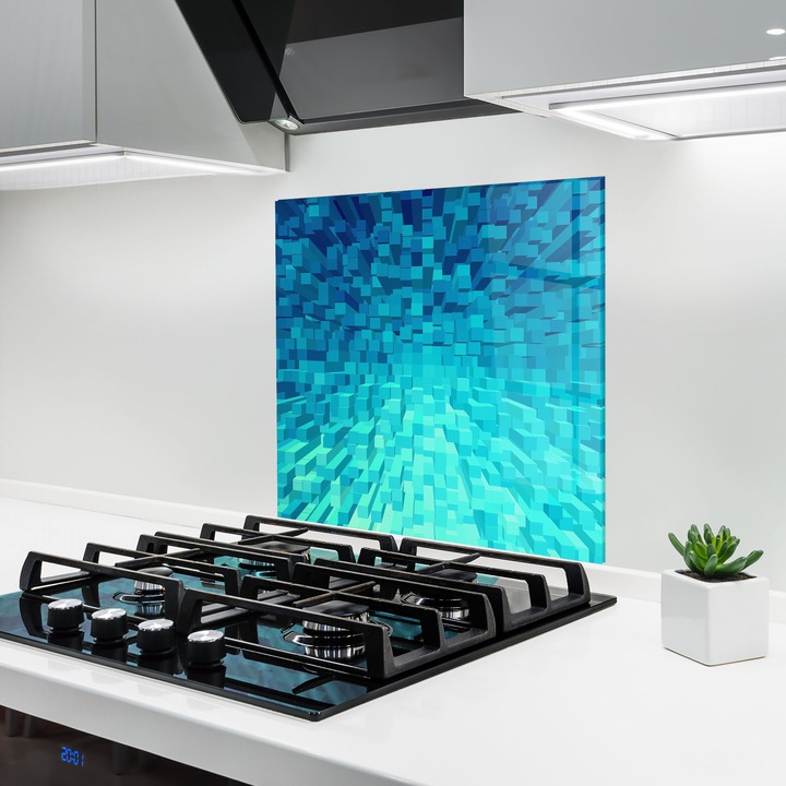 Panou Sticla Bucatarie, 60x60 cm, Protectie aragaz, Antistropi, Termorezistent, Abstracte, Geometrice, Blue Square Mix
