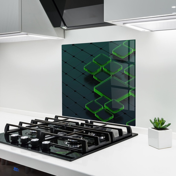 Panou Sticla Bucatarie, 60x60 cm, Protectie aragaz, Antistropi, Termorezistent, Abstracte, Geometrice, Green Square Floating