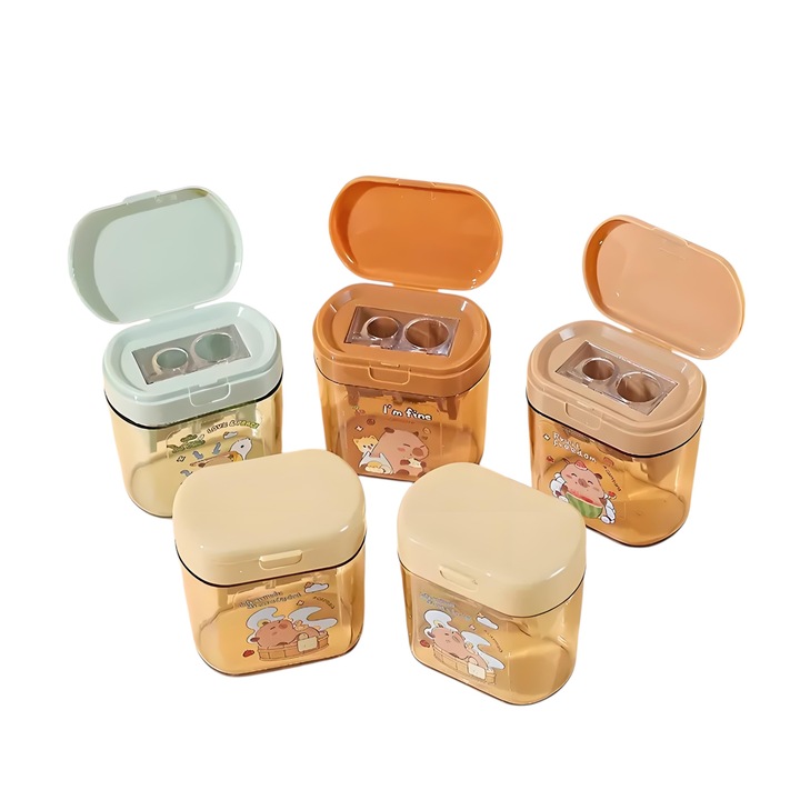 Set ascutitori manuale cu doua gauri, 5 piese, multicolor, pentru scoala si petreceri