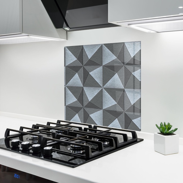 Panou Sticla Bucatarie, 60x60 cm, Protectie aragaz, Antistropi, Termorezistent, Abstracte, Geometrice, Grey Triangle Square