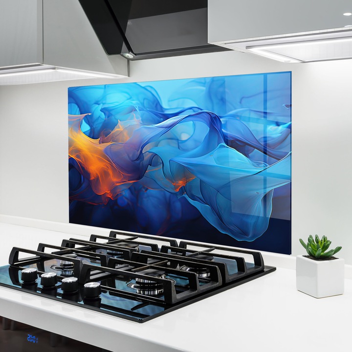 ARTHUB, Konyhai üveg hátfal 60x80 cm, 4 mm edzett, Védő gáz­tűzhely, Fröccsenésgátló, Hőálló, absztrakt, optikai illúziók, Blue Orange Floating