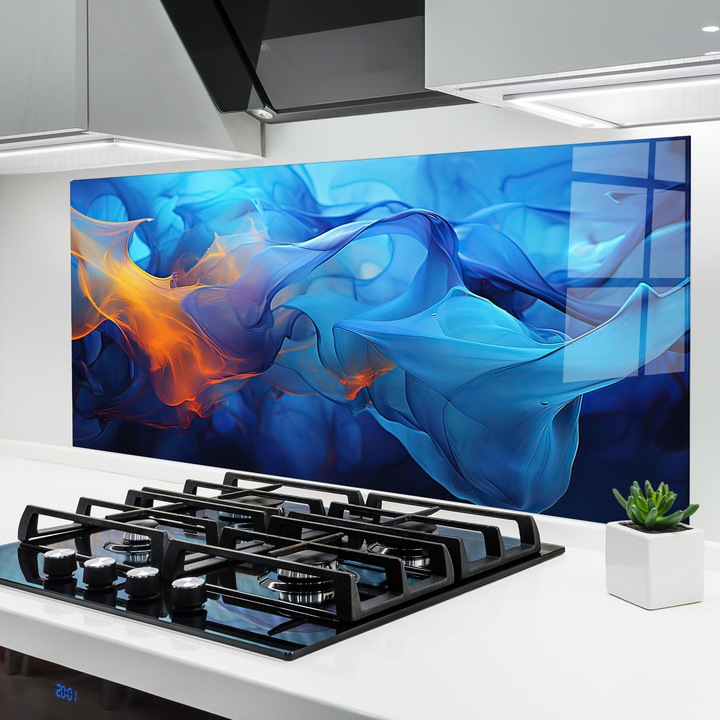 ARTHUB, Стъклен панел за кухня 60x120 cm, 5 мм закалено, Предпазител за газов котлон, Предпазител от пръски, Топлоустойчив, абстрактни, оптични илюзии, Blue Orange Floating