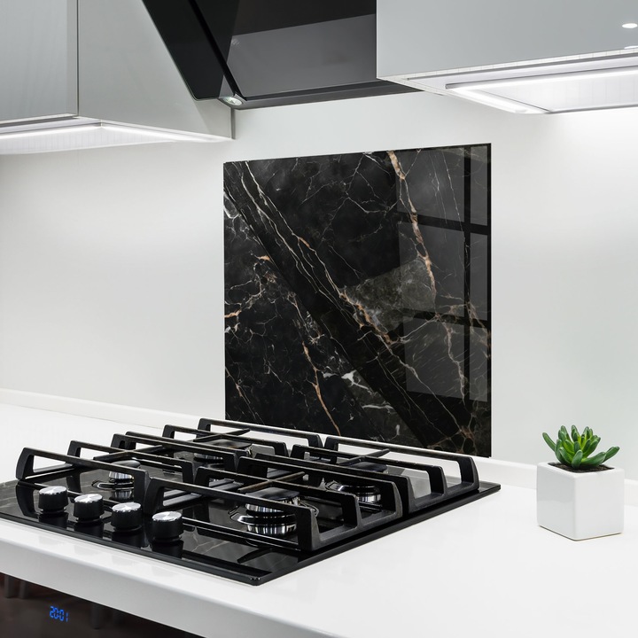 ARTHUB, Konyhai üveg hátfal 100x100 cm, 4 mm edzett, Védő gáz­tűzhely, Fröccsenésgátló, Hőálló, absztrakt, márvány, Black Brown Marble