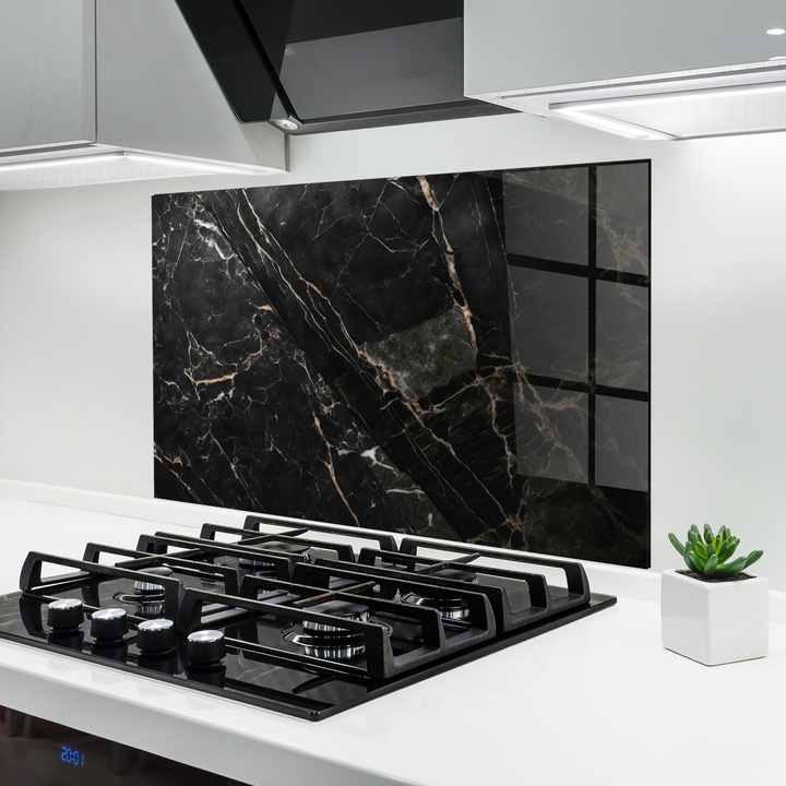 Panou Sticla Bucatarie, 50x70 cm, Protectie aragaz, Antistropi, Termorezistent, Abstracte, Marble, Black Brown Marble