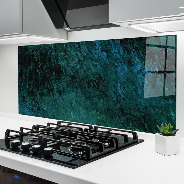ARTHUB, Konyhai üveg hátfal 60x120 cm, 4 mm edzett, Védő gáz­tűzhely, Fröccsenésgátló, Hőálló, absztrakt, márvány, Dark Green Blue Painting