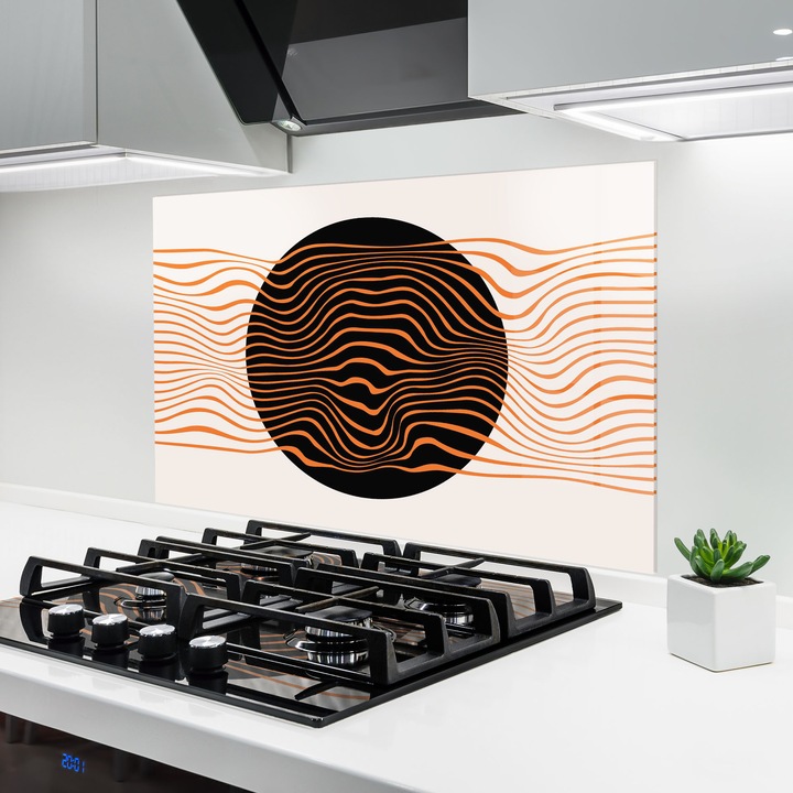 ARTHUB, Konyhai üveg hátfal 50x70 cm, 4 mm edzett, Védő gáz­tűzhely, Fröccsenésgátló, Hőálló, absztrakt, minimalista, Black Circle