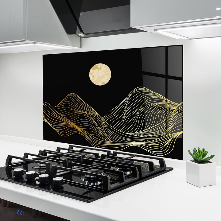 ARTHUB, Стъклен панел за кухня 60x80 cm, 5 мм закалено, Предпазител за газов котлон, Предпазител от пръски, Топлоустойчив, абстрактни, минималистични, Golden Moon