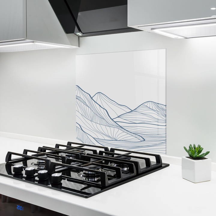 ARTHUB, Konyhai üveg hátfal 60x60 cm, 4 mm edzett, Védő gáz­tűzhely, Fröccsenésgátló, Hőálló, absztrakt, minimalista, Mountain Blue Line
