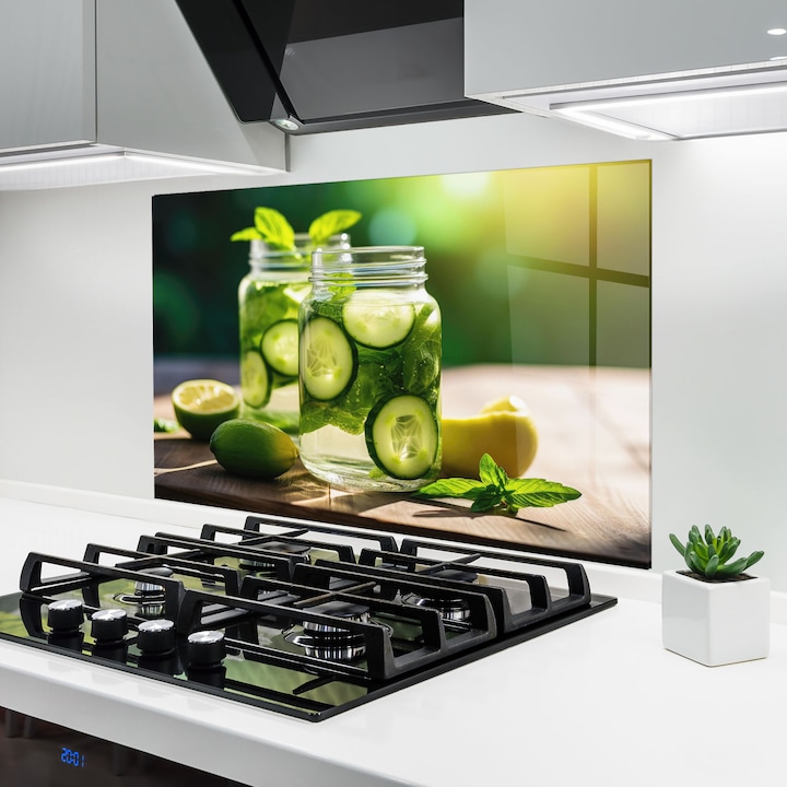 ARTHUB, Konyhai üveg hátfal 50x70 cm, 4 mm edzett, Védő gáz­tűzhely, Fröccsenésgátló, Hőálló, élelmiszerek, italok, Cold Drink Cucumber