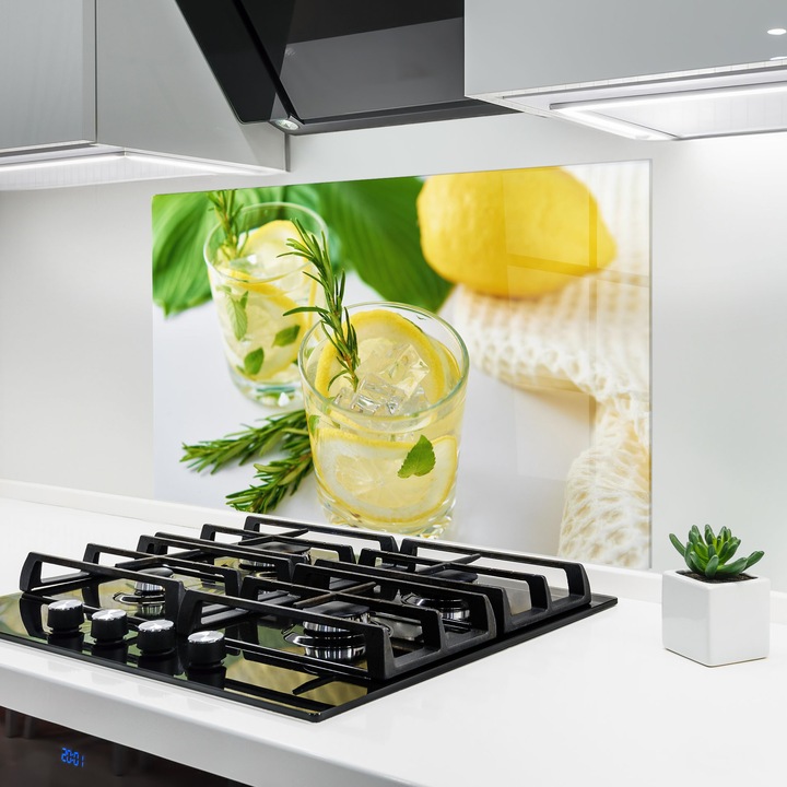 ARTHUB, Konyhai üveg hátfal 50x70 cm, 4 mm edzett, Védő gáz­tűzhely, Fröccsenésgátló, Hőálló, élelmiszerek, italok, Lemon Rosemary Drink