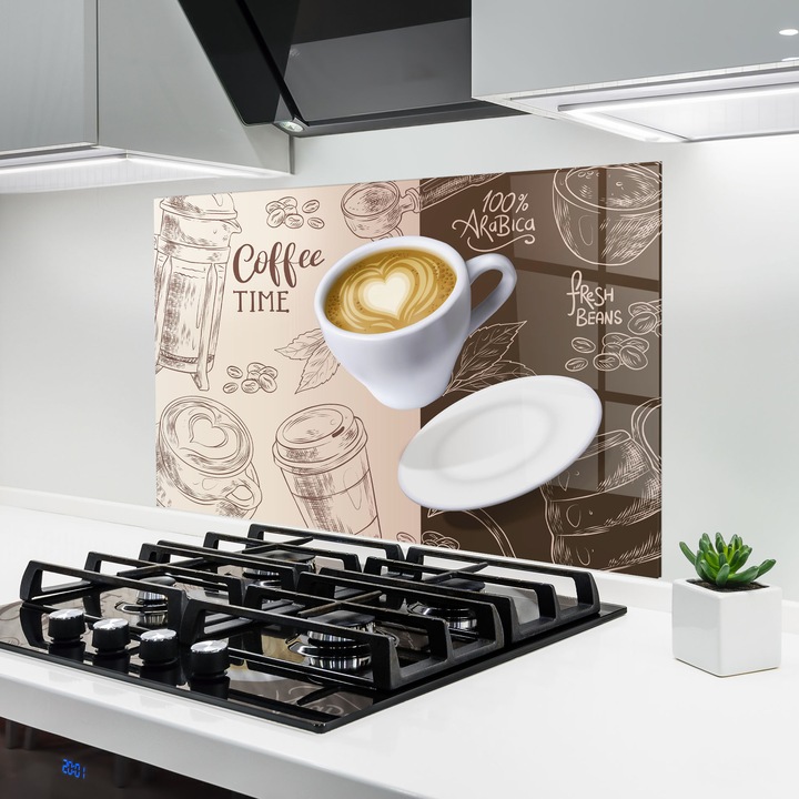 ARTHUB, Стъклен панел за кухня 80x120 cm, 5 мм закалено, Предпазител за газов котлон, Предпазител от пръски, Топлоустойчив, храни, кафе, Coffee Time