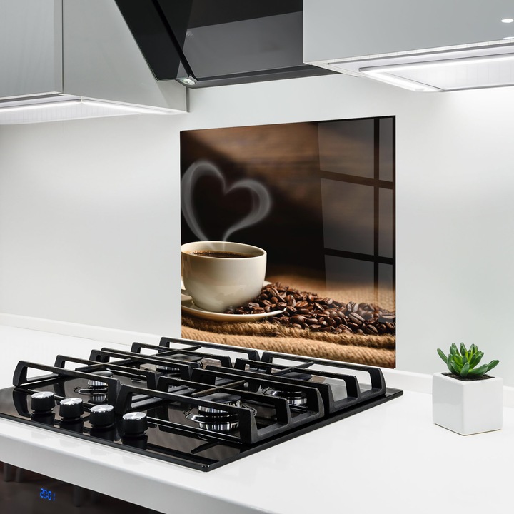 Panou Sticla Bucatarie, 60x60 cm, Protectie aragaz, Antistropi, Termorezistent, Alimente, Cafea, Heart Coffee Smoke