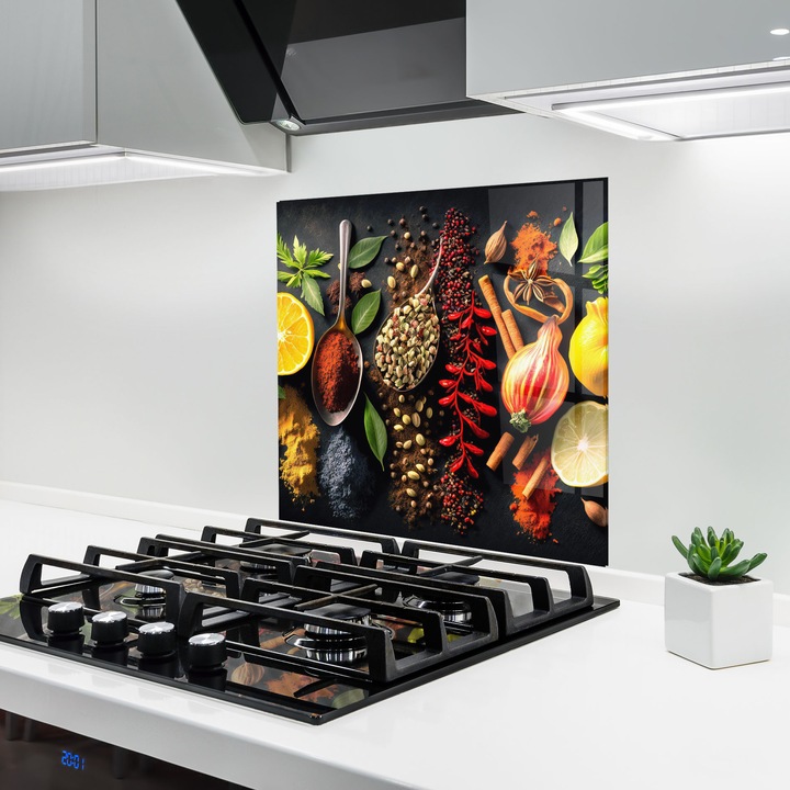 ARTHUB, Стъклен панел за кухня 60x60 cm, 5 мм закалено, Предпазител за газов котлон, Предпазител от пръски, Топлоустойчив, храни, подправки, Closeup Pices