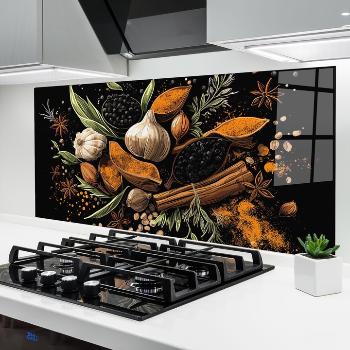 ARTHUB, Стъклен панел за кухня 60x120 cm, 5 мм закалено, Предпазител за газов котлон, Предпазител от пръски, Топлоустойчив, храни, подправки, Garlic And Spices