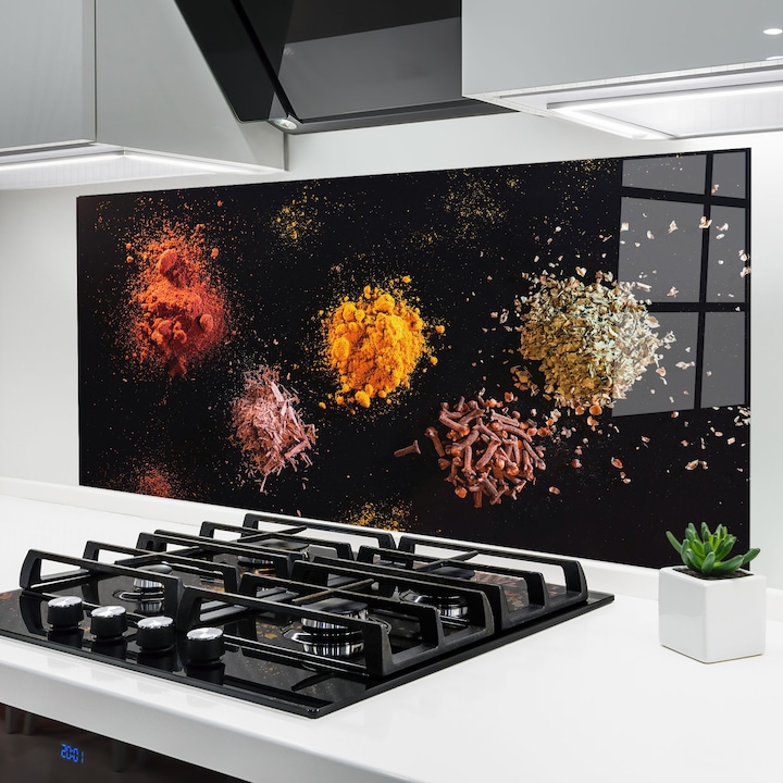 Panou Sticla Bucatarie, 60x120 cm, Protectie aragaz, Antistropi, Termorezistent, Alimente, Condimente, Powder On Black