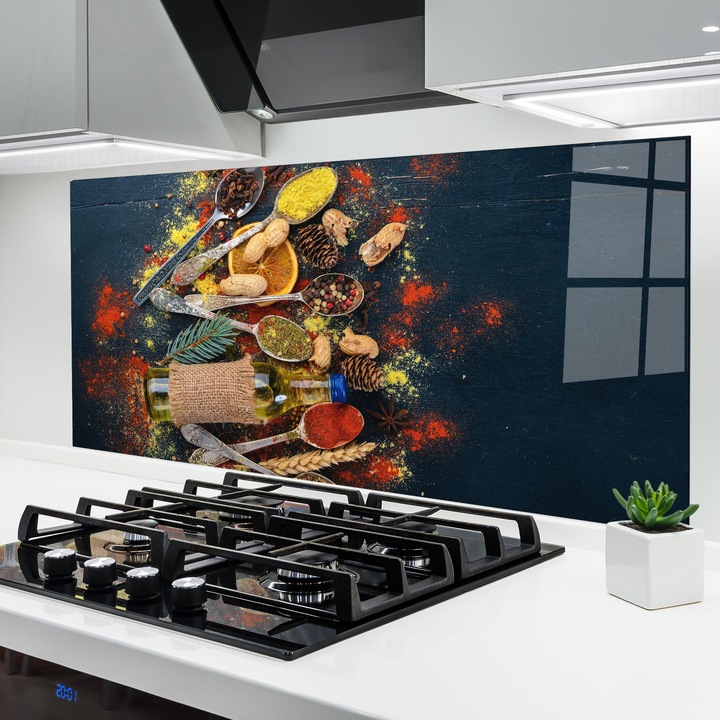 ARTHUB, Стъклен панел за кухня 60x120 cm, 5 мм закалено, Предпазител за газов котлон, Предпазител от пръски, Топлоустойчив, храни, подправки, Indian Cuisine