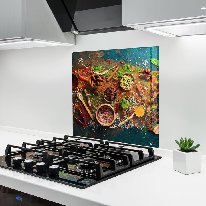 ARTHUB, Стъклен панел за кухня 100x100 cm, 5 мм закалено, Предпазител за газов котлон, Предпазител от пръски, Топлоустойчив, храни, подправки, Seasonings Mix