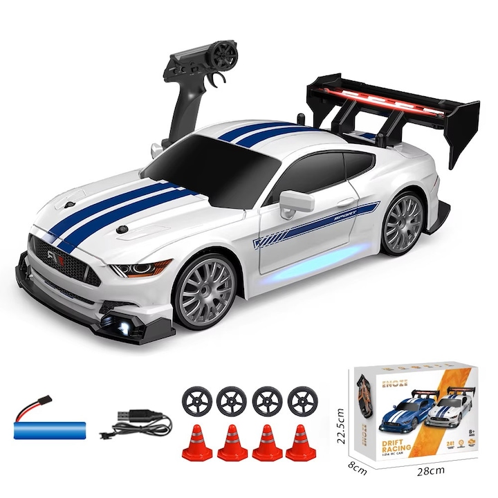 Кола с дистанционно управление RC, сребрист Мустанг, Дрифт кола, 30км/ч, 4х4, LED светлини, сменяеми гуми