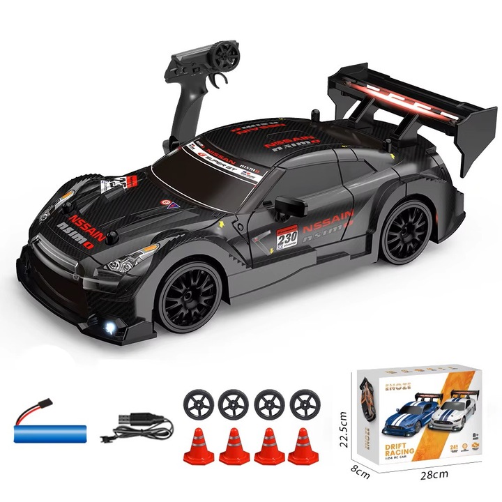 Masina cu telecomanda RC, Nissan GT-R Negru, Drift car, 20km/h, 4x4, lumini LED, cauciucuri interschimbabile