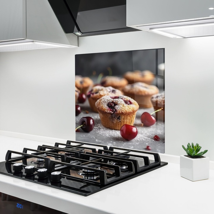 ARTHUB, Konyhai üveg hátfal 60x60 cm, 4 mm edzett, Védő gáz­tűzhely, Fröccsenésgátló, Hőálló, élelmiszerek, édességek, Cherries Muffins