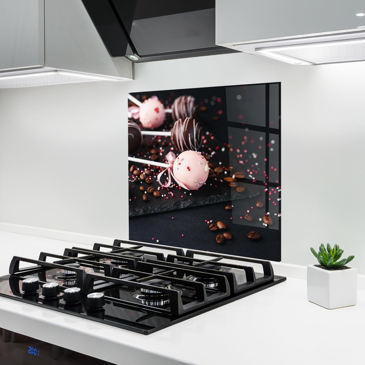 ARTHUB, Стъклен панел за кухня 100x100 cm, 5 мм закалено, Предпазител за газов котлон, Предпазител от пръски, Топлоустойчив, храни, сладкиши, Chocolate Dessert