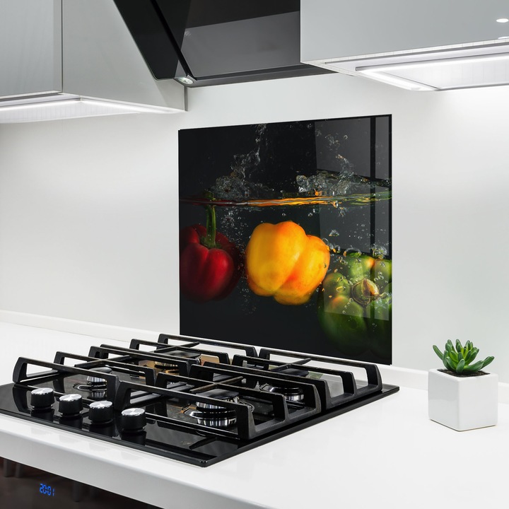 ARTHUB, Konyhai üveg hátfal 60x60 cm, 4 mm edzett, Védő gáz­tűzhely, Fröccsenésgátló, Hőálló, élelmiszerek, zöldségek, Cool Bellpepper Splash