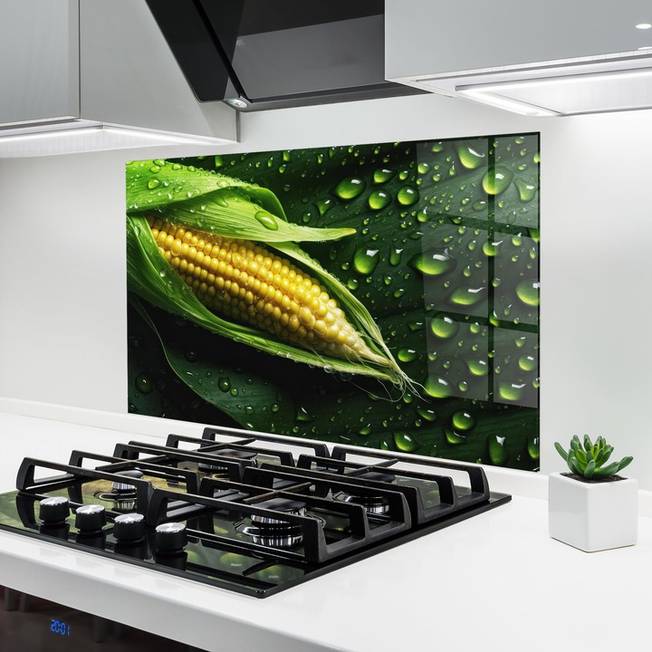 ARTHUB, Konyhai üveg hátfal 50x70 cm, 4 mm edzett, Védő gáz­tűzhely, Fröccsenésgátló, Hőálló, élelmiszerek, zöldségek, Rainy Clean Corn