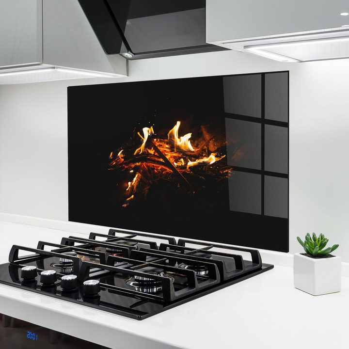 ARTHUB, Стъклен панел за кухня 60x80 cm, 5 мм закалено, Предпазител за газов котлон, Предпазител от пръски, Топлоустойчив, фън шуй, огън, Fiery Blaze