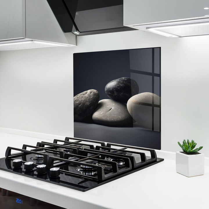 ARTHUB, Konyhai üveg hátfal 100x100 cm, 4 mm edzett, Védő gáz­tűzhely, Fröccsenésgátló, Hőálló, feng shui, kövek, Grey Stone