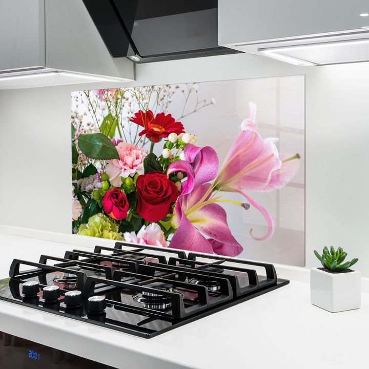 ARTHUB, Konyhai üveg hátfal 80x120 cm, 4 mm edzett, Védő gáz­tűzhely, Fröccsenésgátló, Hőálló, virágok, virágcsokor, Bouquet