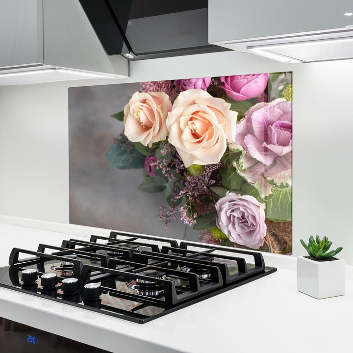ARTHUB, Konyhai üveg hátfal 80x120 cm, 4 mm edzett, Védő gáz­tűzhely, Fröccsenésgátló, Hőálló, virágok, virágcsokor, Cream Purple Bouquet