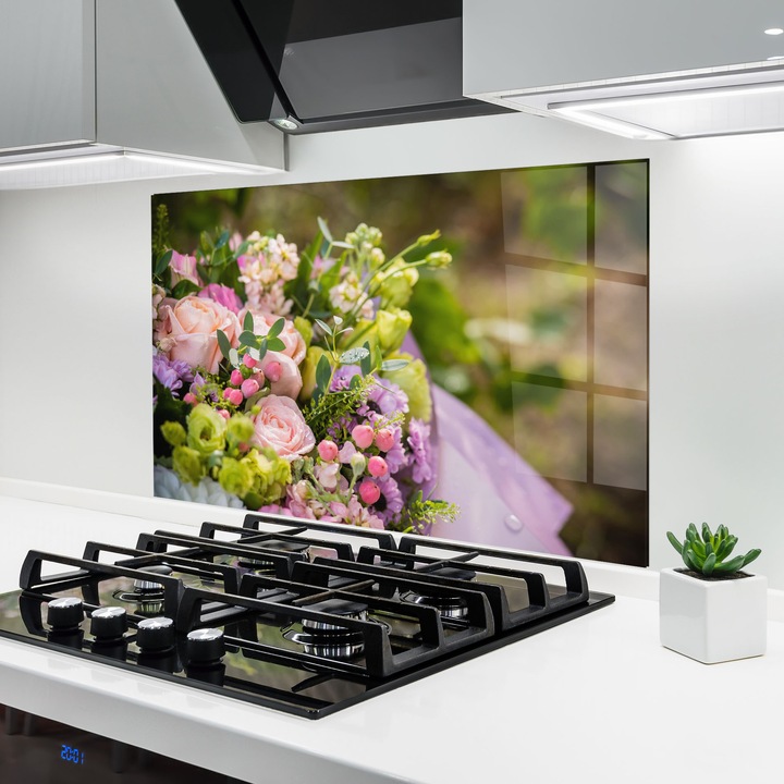 ARTHUB, Konyhai üveg hátfal 80x120 cm, 4 mm edzett, Védő gáz­tűzhely, Fröccsenésgátló, Hőálló, virágok, virágcsokor, Green Pink Bouquet