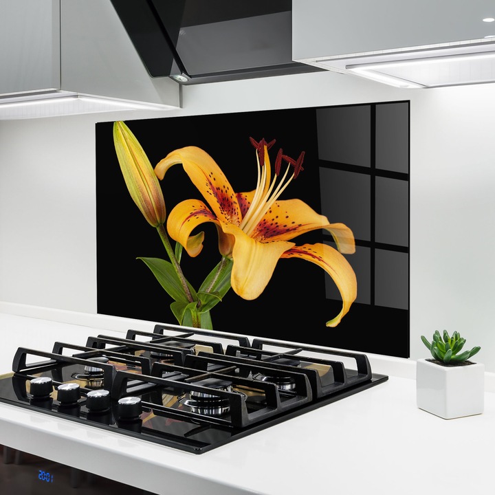 ARTHUB, Konyhai üveg hátfal 80x120 cm, 4 mm edzett, Védő gáz­tűzhely, Fröccsenésgátló, Hőálló, virágok, liliomok, Beautiful Yellow Lily