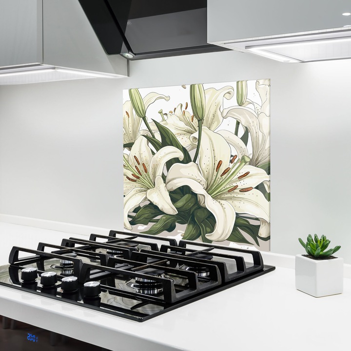ARTHUB, Стъклен панел за кухня 60x60 cm, 5 мм закалено, Предпазител за газов котлон, Предпазител от пръски, Топлоустойчив, цветя, лилии, Grey White Lily