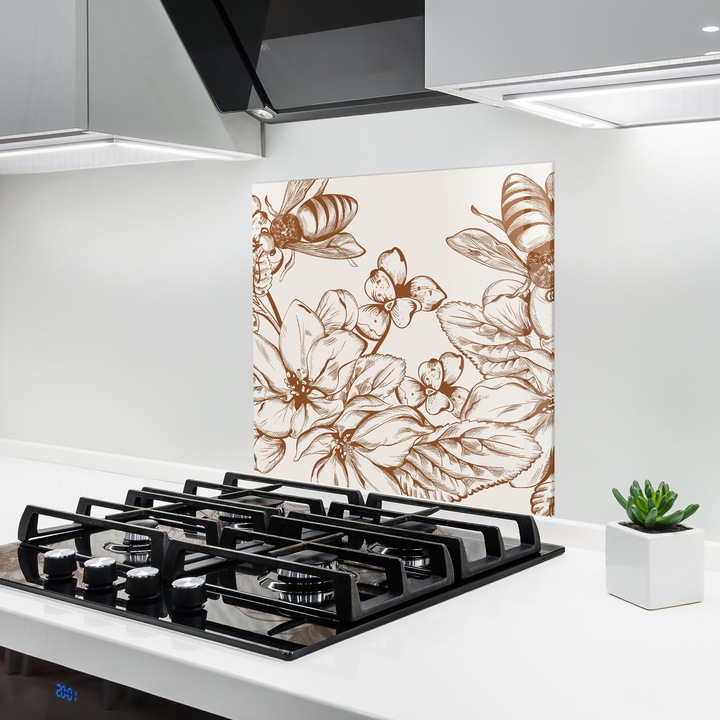 ARTHUB, Konyhai üveg hátfal 60x60 cm, 4 mm edzett, Védő gáz­tűzhely, Fröccsenésgátló, Hőálló, virágok, rajzolt virágok, Bee Flower Line