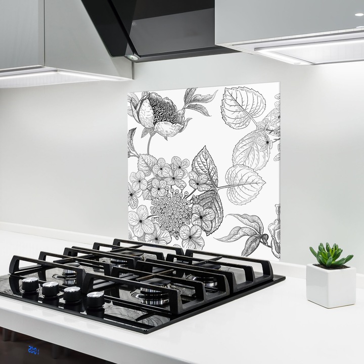 ARTHUB, Konyhai üveg hátfal 100x100 cm, 4 mm edzett, Védő gáz­tűzhely, Fröccsenésgátló, Hőálló, virágok, rajzolt virágok, Black Line Flower