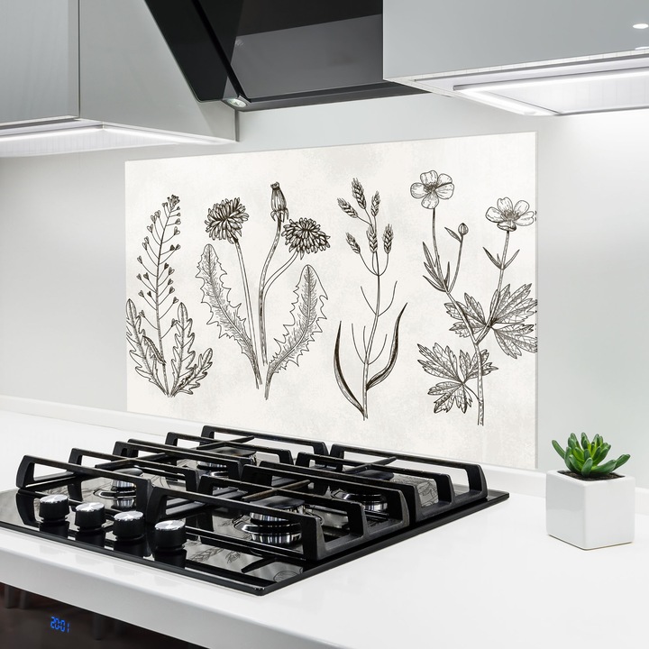ARTHUB, Konyhai üveg hátfal 50x70 cm, 4 mm edzett, Védő gáz­tűzhely, Fröccsenésgátló, Hőálló, virágok, rajzolt virágok, Black Line White