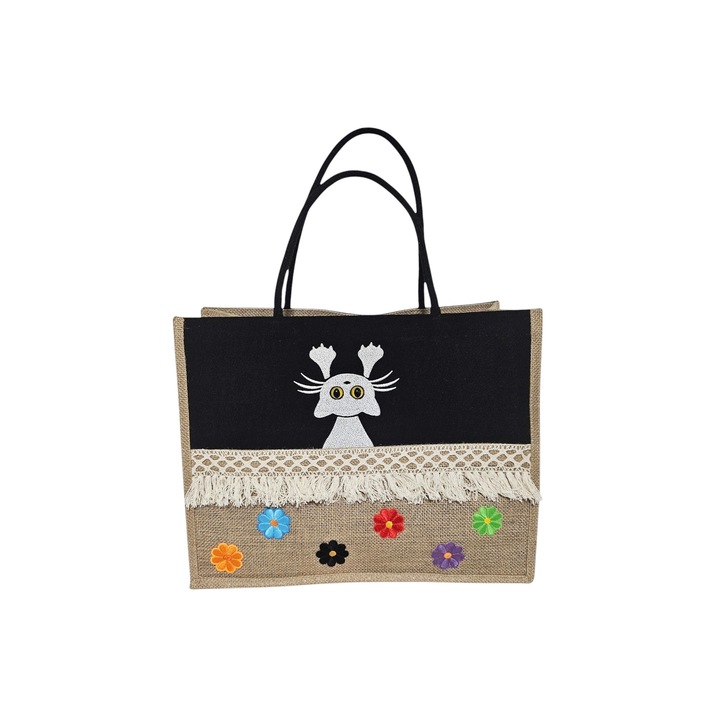 Sacosa de cumparaturi, Casa Bumbac Textil by Edural, 41 x 33 x 18 cm, broderie pisica alba, 100% bumbac doc-iuta