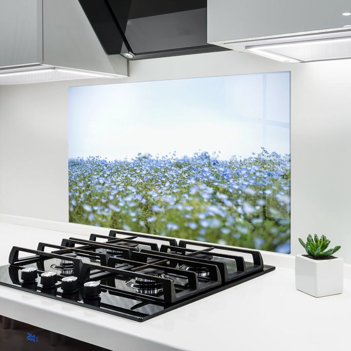 ARTHUB, Konyhai üveg hátfal 60x80 cm, 4 mm edzett, Védő gáz­tűzhely, Fröccsenésgátló, Hőálló, virágok, virágok a természetben, Blue Wild Flowers
