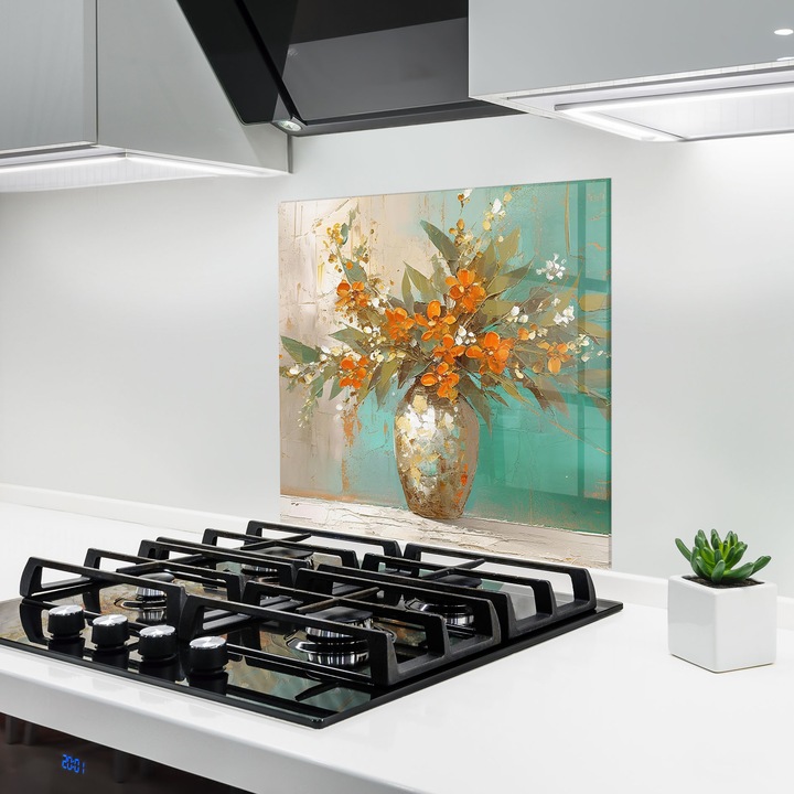ARTHUB, Konyhai üveg hátfal 100x100 cm, 4 mm edzett, Védő gáz­tűzhely, Fröccsenésgátló, Hőálló, virágok, vázában lévő virágok, Grey Vase Orange