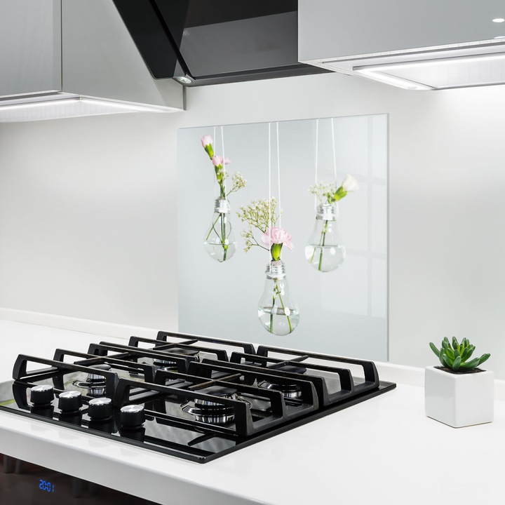 ARTHUB, Konyhai üveg hátfal 100x100 cm, 4 mm edzett, Védő gáz­tűzhely, Fröccsenésgátló, Hőálló, virágok, vázában lévő virágok, Floating Vase