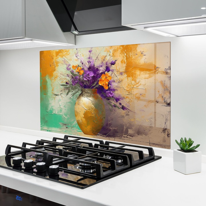 ARTHUB, Konyhai üveg hátfal 80x120 cm, 4 mm edzett, Védő gáz­tűzhely, Fröccsenésgátló, Hőálló, virágok, vázában lévő virágok, Purple Orange Plant Vase