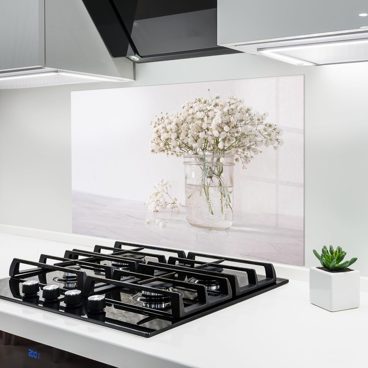 Panou Sticla Bucatarie, 50x70 cm, Protectie aragaz, Antistropi, Termorezistent, Flori, Flori In Vaza, White Tiny Flower Vase