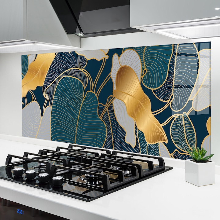 ARTHUB, Стъклен панел за кухня 60x120 cm, 5 мм закалено, Предпазител за газов котлон, Предпазител от пръски, Топлоустойчив, цветя, листа, Golden Leaves