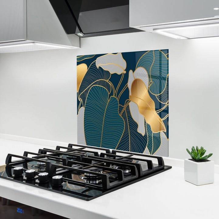 Panou Sticla Bucatarie, 60x60 cm, Protectie aragaz, Antistropi, Termorezistent, Flori, Frunze, Golden Leaves