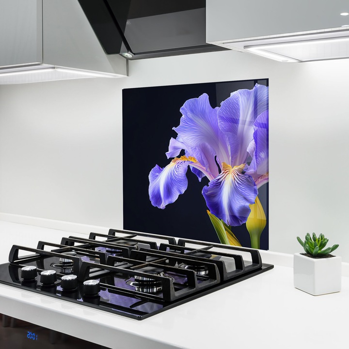 ARTHUB, Konyhai üveg hátfal 100x100 cm, 4 mm edzett, Védő gáz­tűzhely, Fröccsenésgátló, Hőálló, virágok, írisz, Purple Iris On Black
