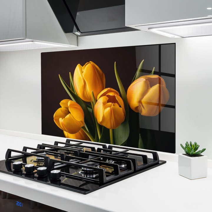 ARTHUB, Konyhai üveg hátfal 50x70 cm, 4 mm edzett, Védő gáz­tűzhely, Fröccsenésgátló, Hőálló, virágok, tulipánok, Strong Yellow Tulips