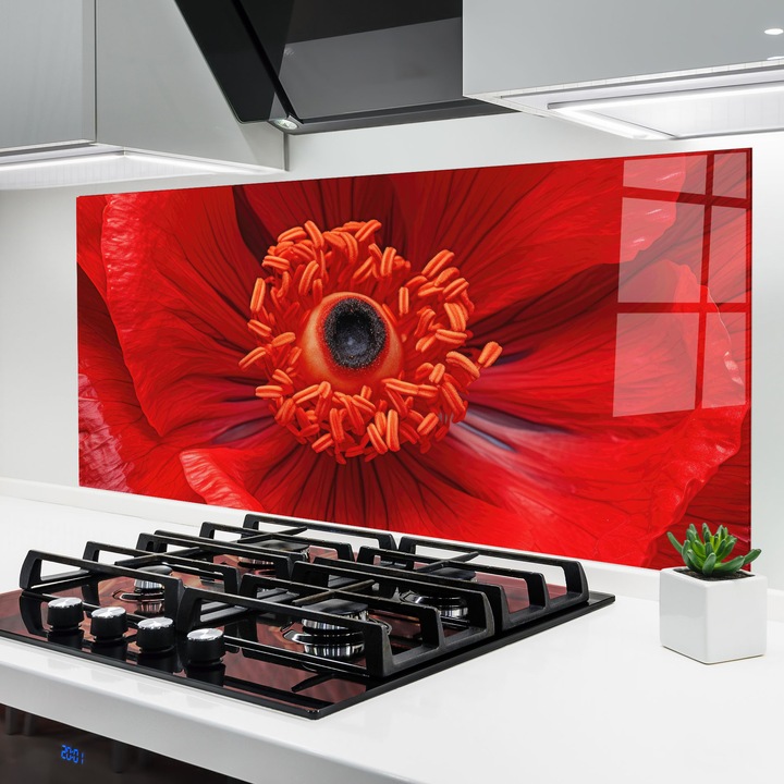 ARTHUB, Konyhai üveg hátfal 60x150 cm, 4 mm edzett, Védő gáz­tűzhely, Fröccsenésgátló, Hőálló, virágok, pipacsok, Big Poppy Close Up